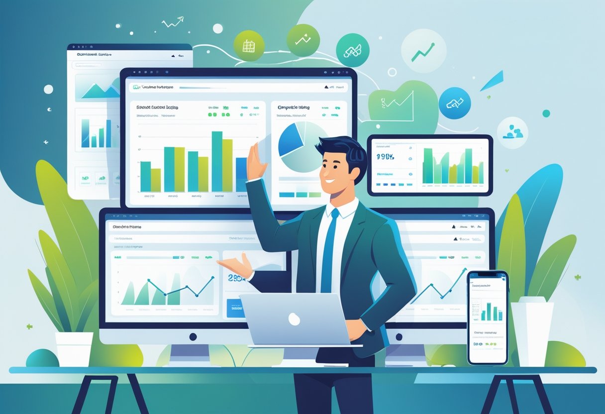 A business professional analyzing data charts and e-commerce icons on multiple digital devices in a modern office setting.