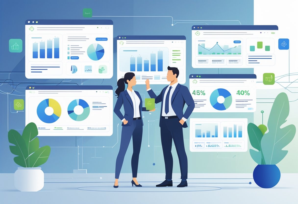 A business professional reviewing multiple digital product listings with charts and graphs in a modern office setting.