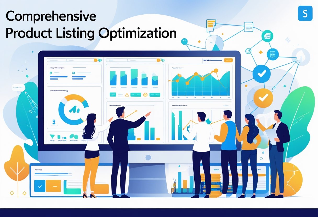 A team of professionals collaborating around a computer displaying product listings with charts and analytics, surrounded by icons representing optimization and e-commerce.