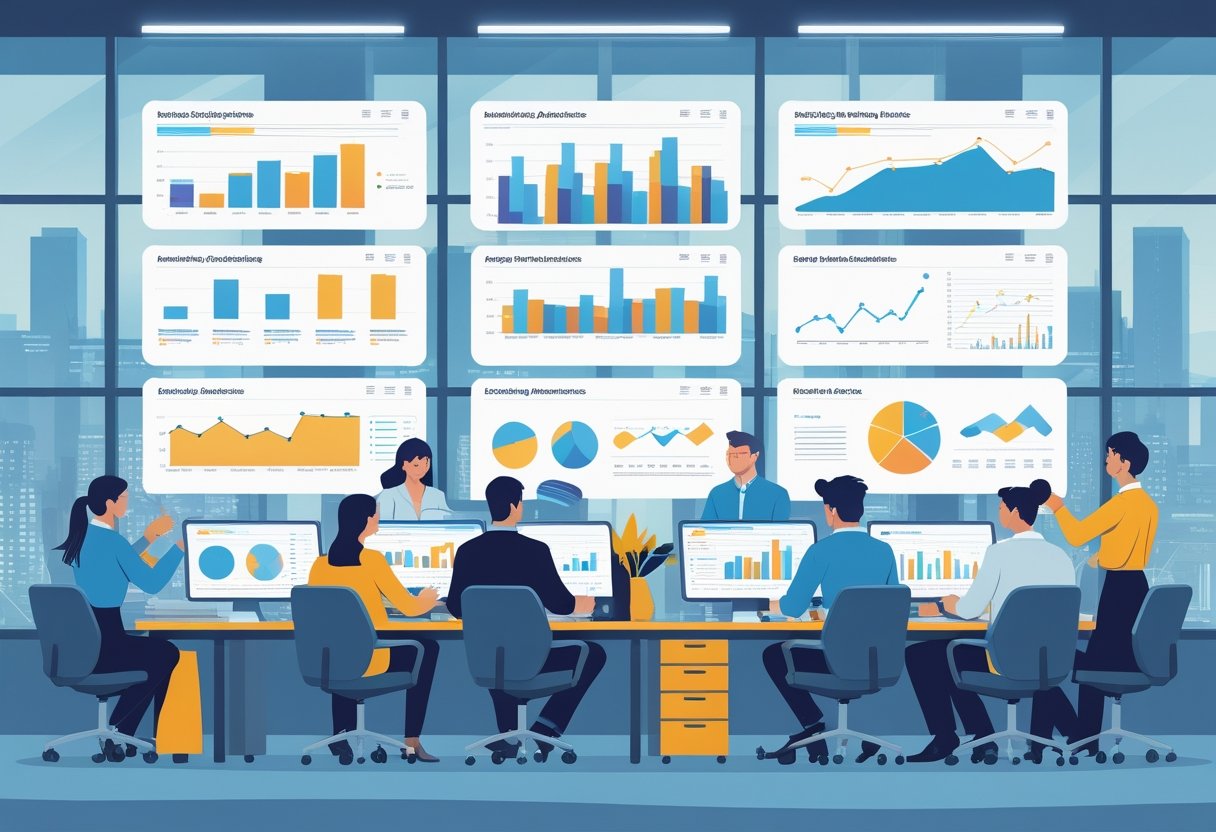 A group of marketing professionals working together around digital screens showing charts and data in a modern office with a cityscape visible through large windows.