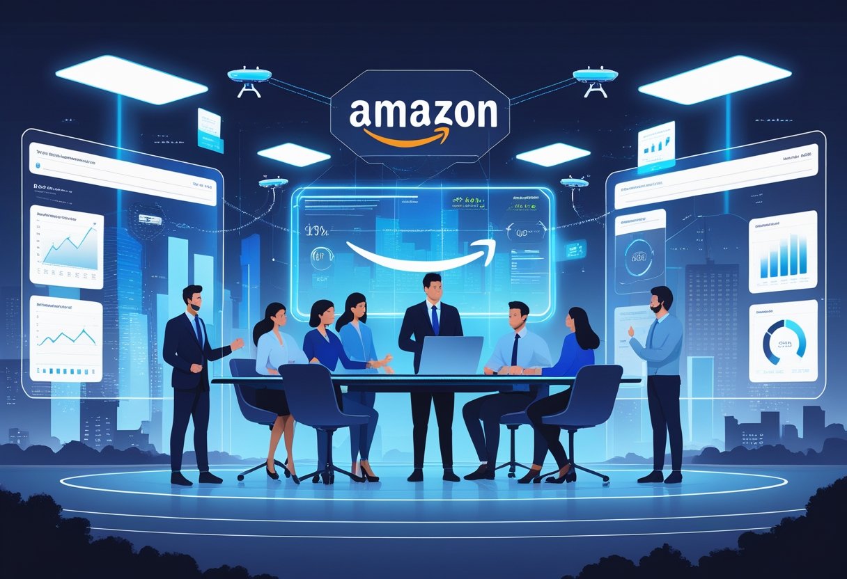 A group of professionals collaborating around a high-tech table with floating digital charts and holograms, set against a cityscape with digital billboards and delivery drones.