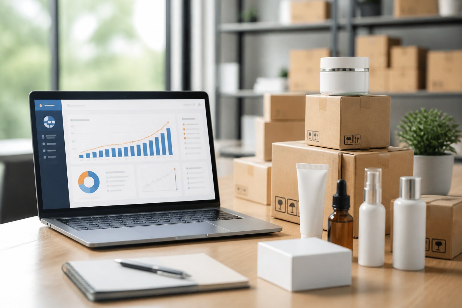 Laptop showing sales rankings beside product packages and shipping boxes.