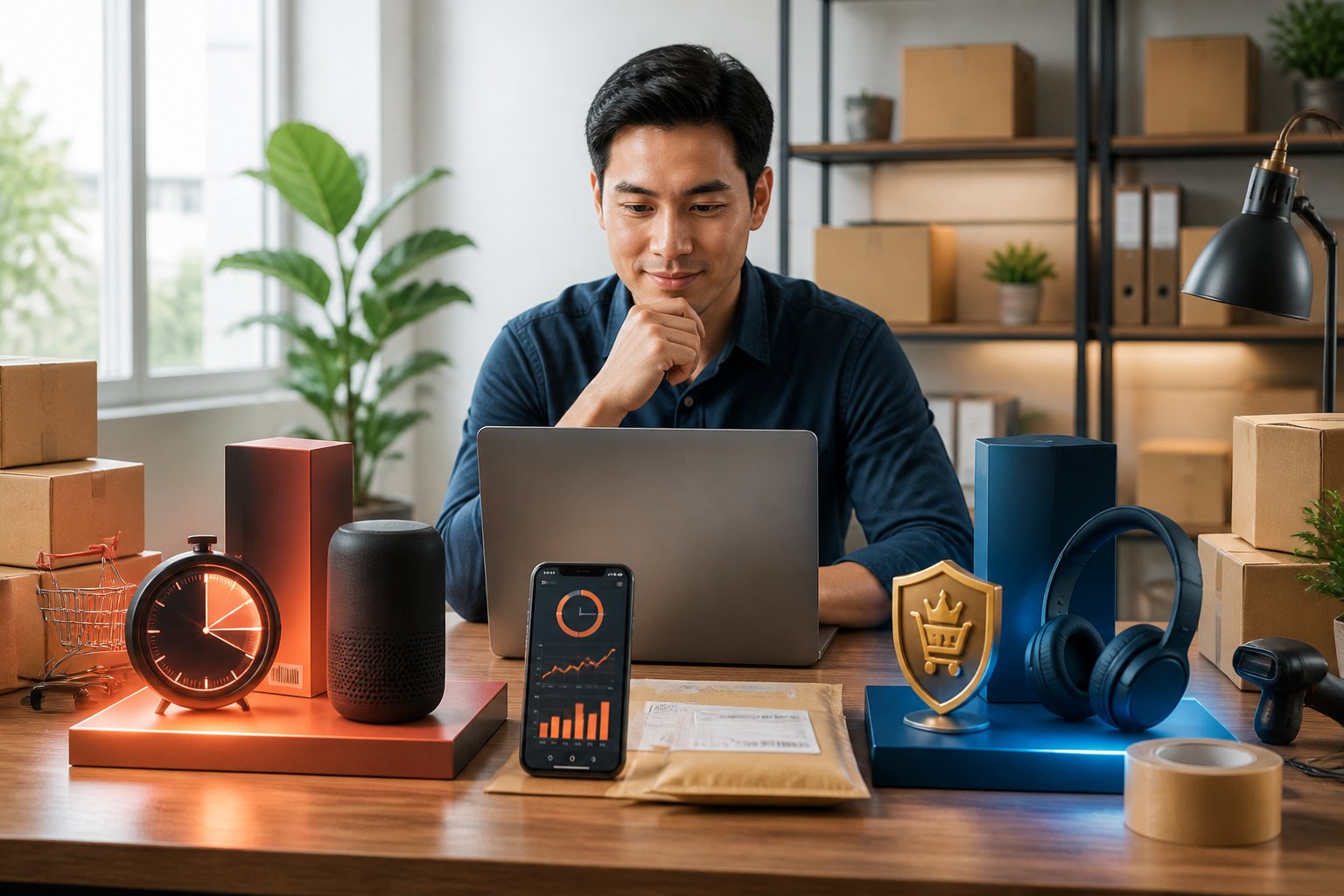 An online seller compares two product promotion strategies at a modern e-commerce workspace.