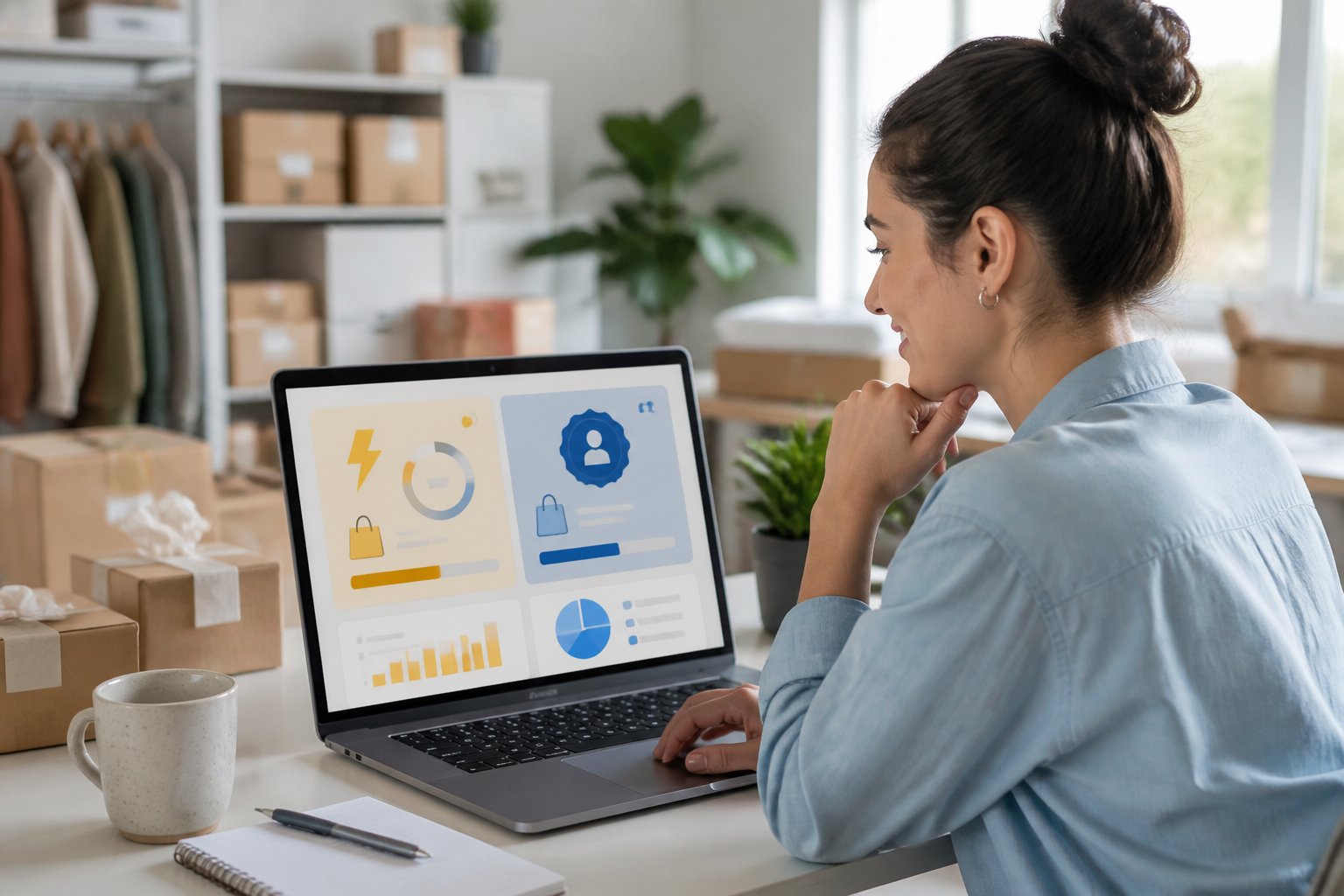 An online seller compares promotional deal options on a laptop in a home office.
