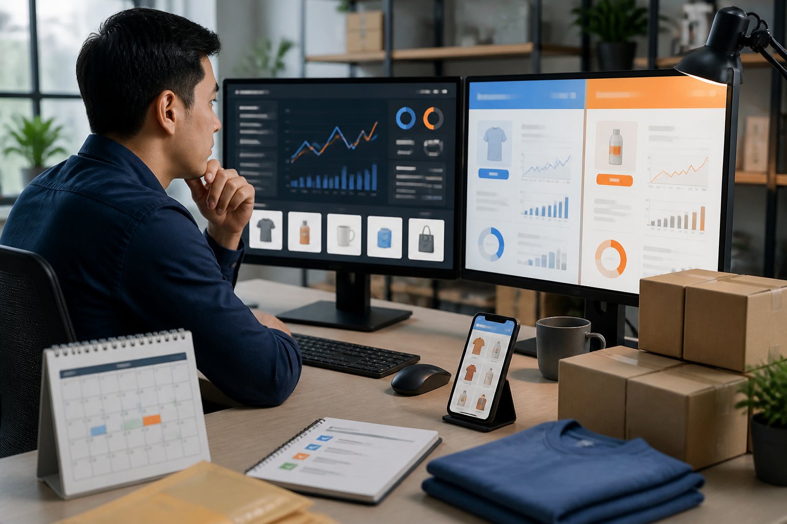 A seller reviews sales analytics and promotional campaigns at a modern workstation surrounded by products and event planning materials.