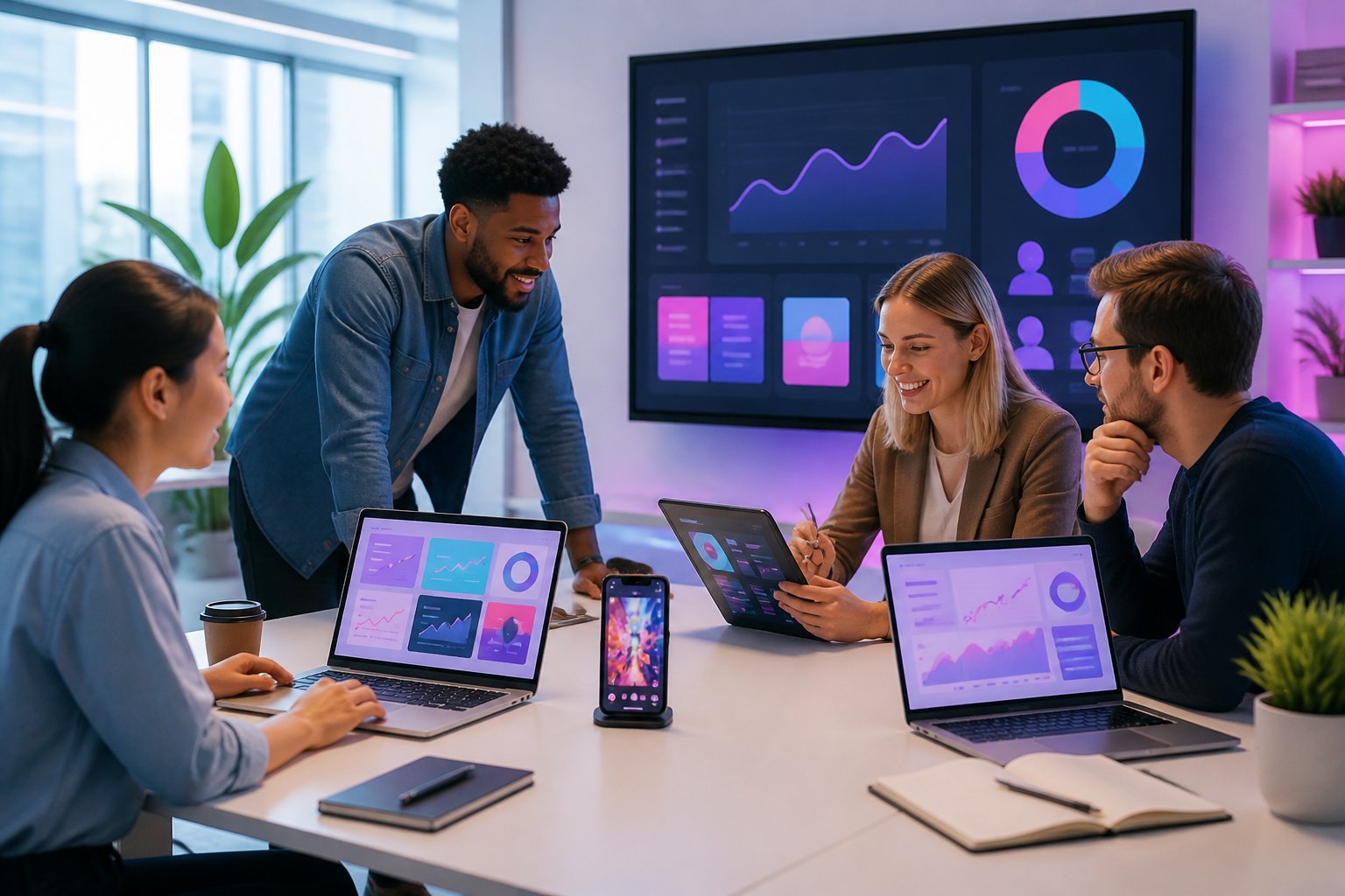 A diverse marketing team reviews digital advertising analytics on laptops, tablets, and a smartphone in a modern office.