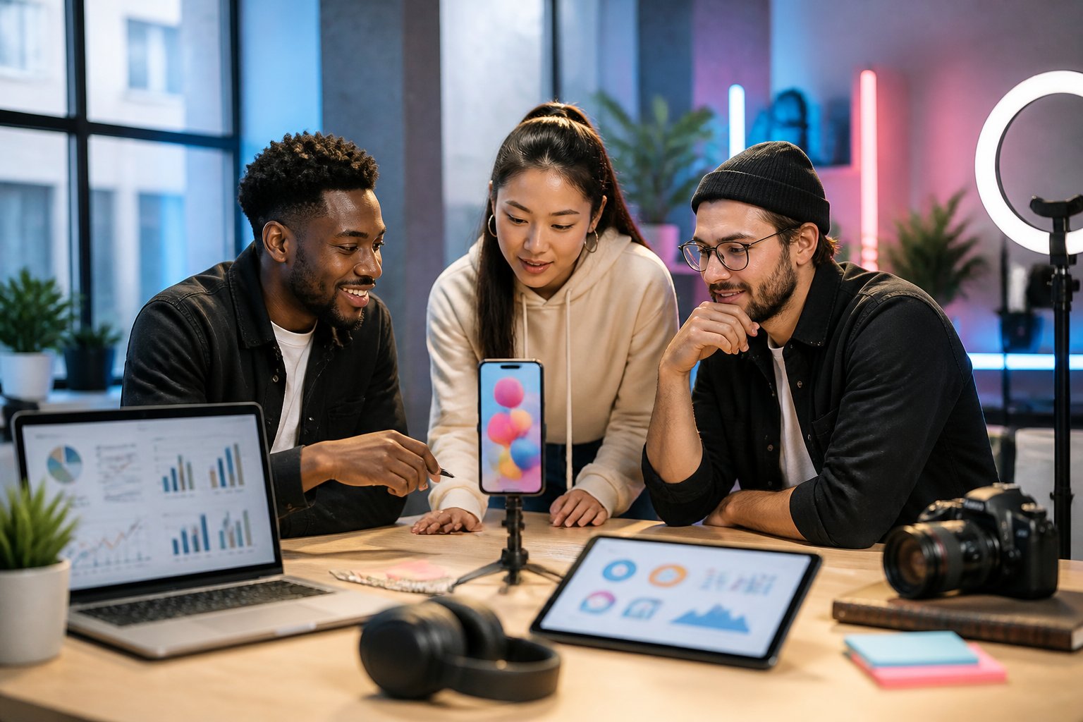 Marketing professionals collaborate around digital devices and campaign analytics in a modern office.