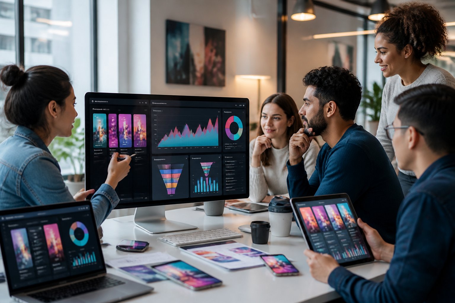 Marketing professionals review short-form video advertising campaigns on computers and smartphones in a modern office.