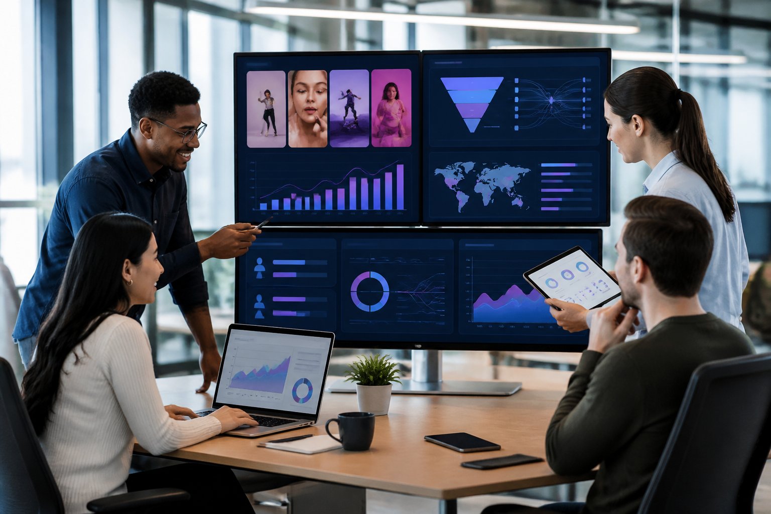 Marketing professionals review mobile advertising performance and audience targeting data on digital screens.