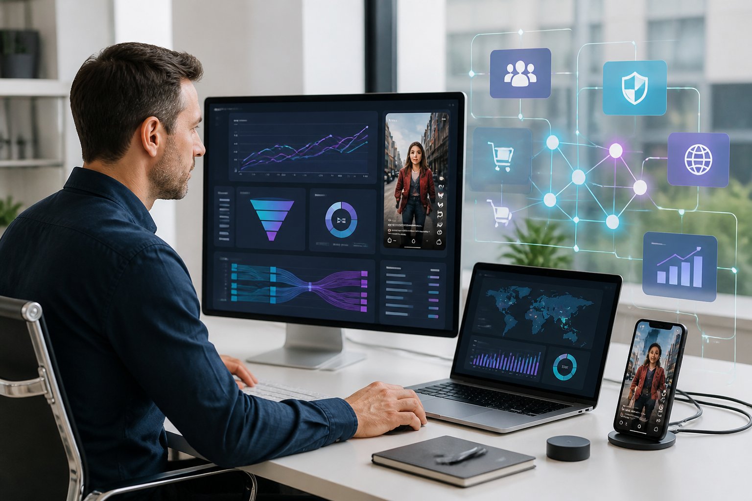 A digital marketing analyst reviews connected advertising analytics on multiple devices in a modern office.
