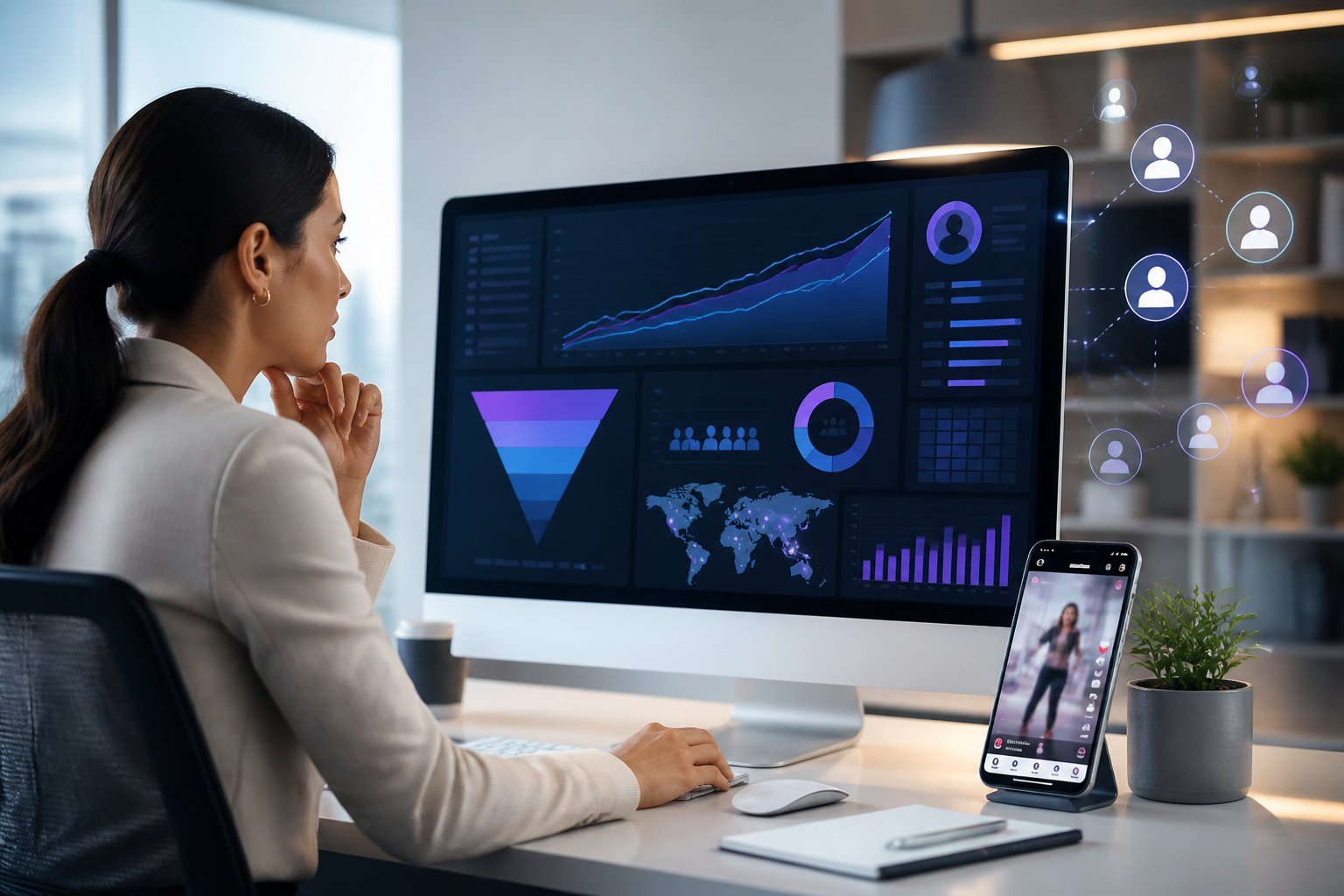 A marketing analyst reviews audience targeting and campaign performance data on a computer beside a smartphone.