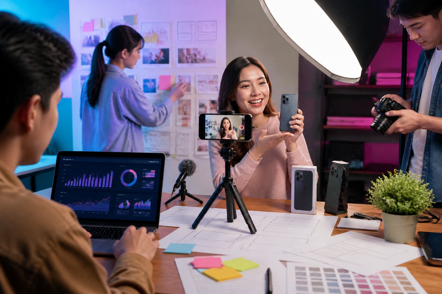 A creative marketing team produces and reviews a vertical product video in a modern studio.