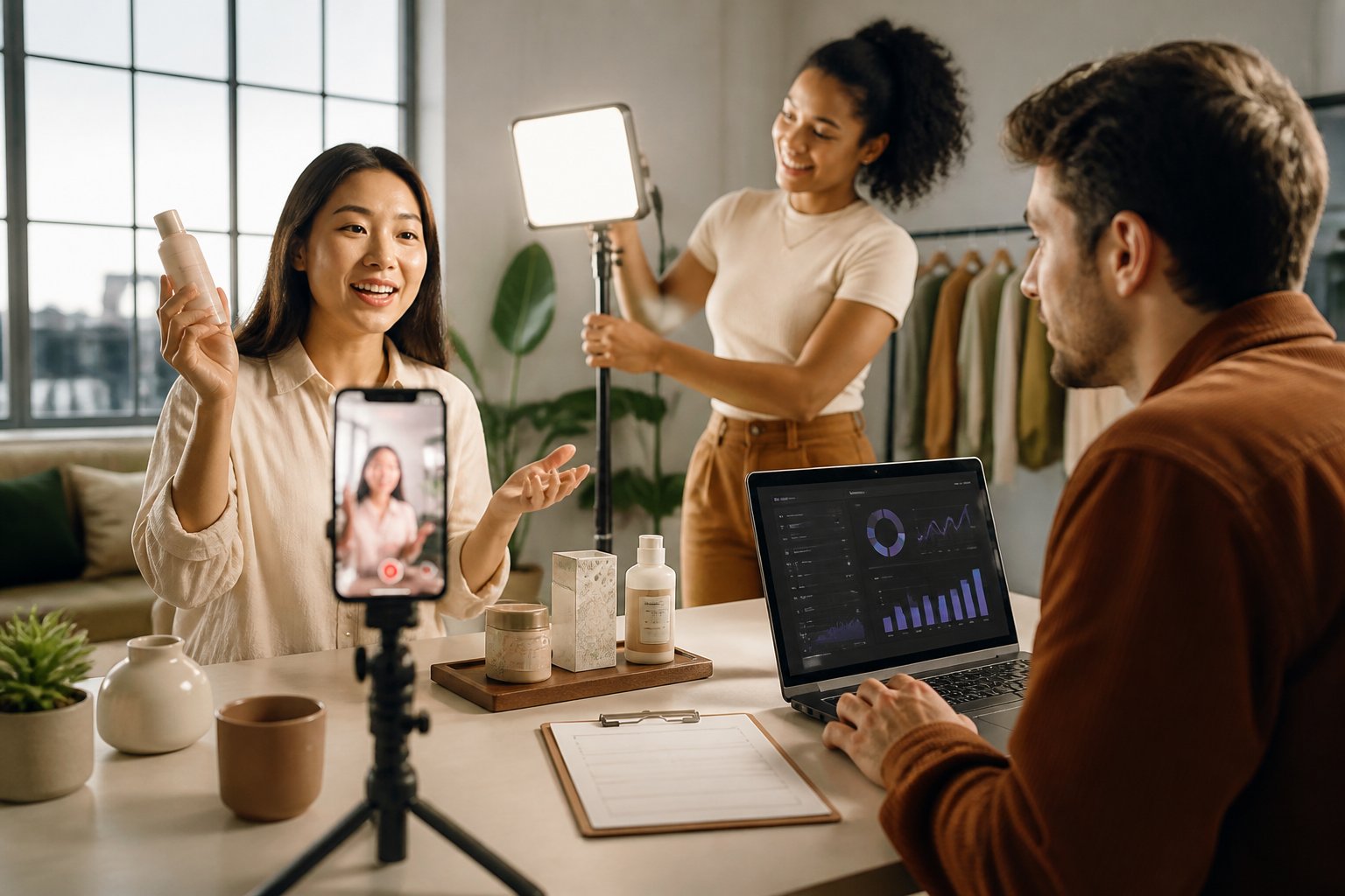A small marketing team records a casual product video with a smartphone in a bright creative studio.