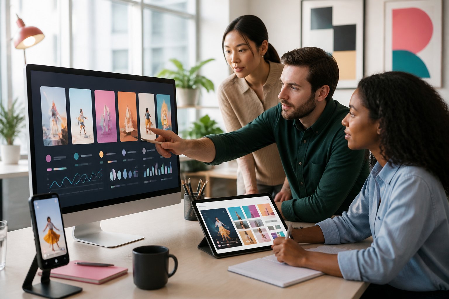 A marketing team reviews multiple vertical video ad concepts and performance visuals on screens in a modern office.