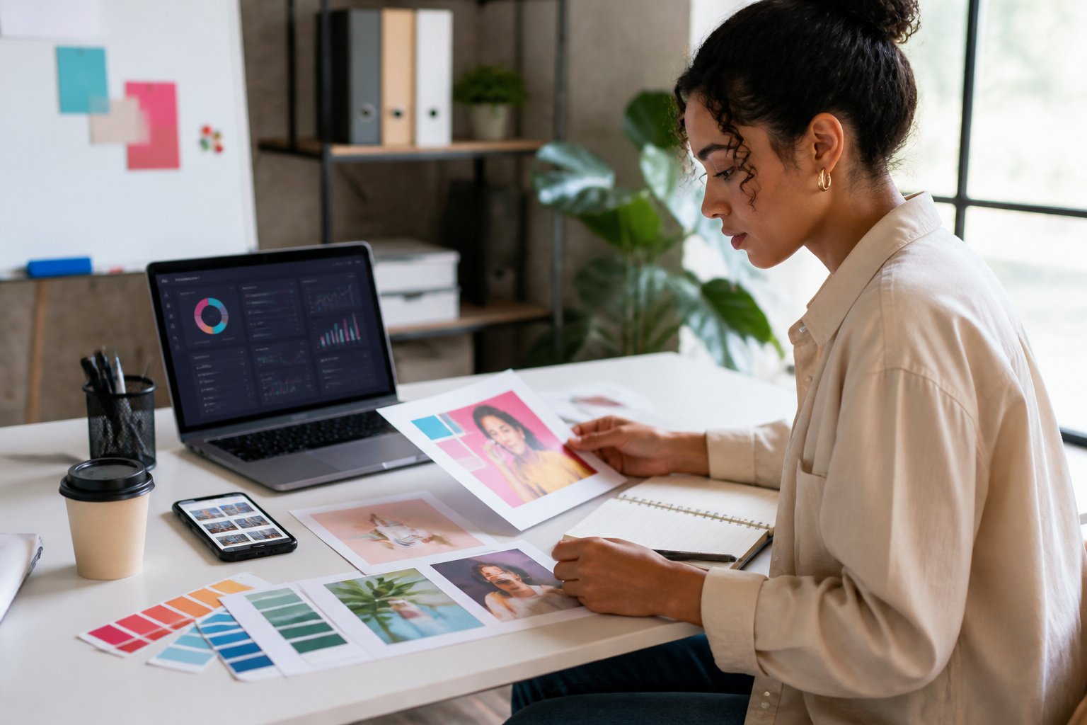 Marketing professional organizing digital advertising materials at a modern workspace.
