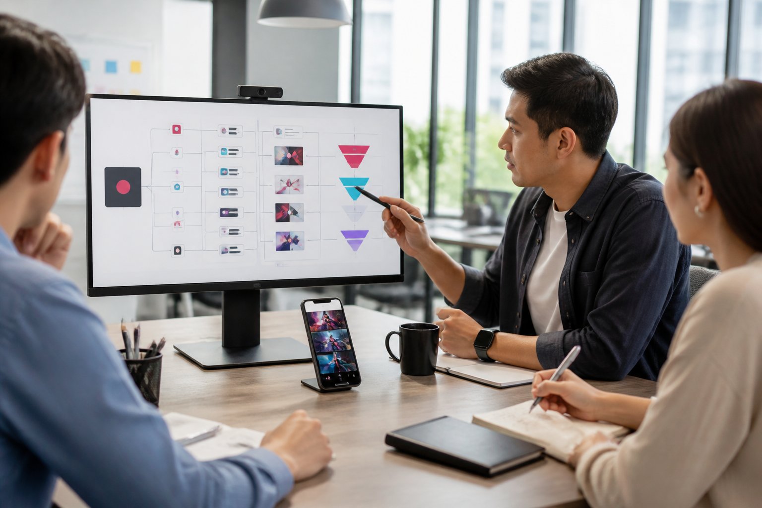 Digital marketing professionals organize an advertising campaign workflow on a large monitor in a modern office.