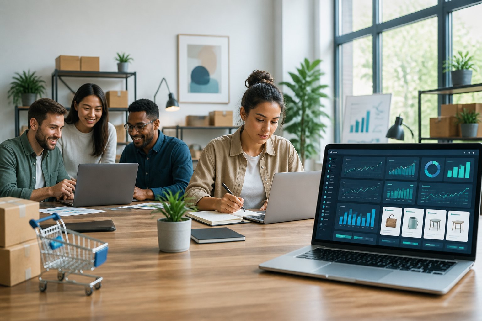 Marketing professionals and a freelancer compare advertising analytics on laptops in a modern office.