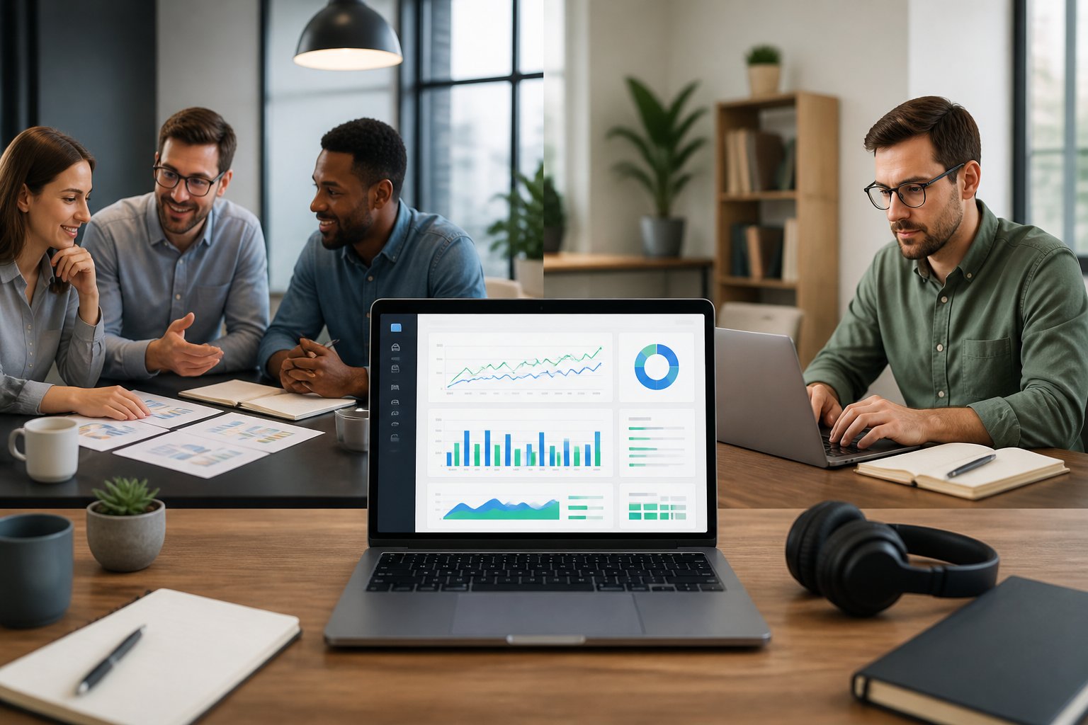 A professional workspace showing a team, a freelancer, and software dashboards representing three approaches to managing advertising campaigns.