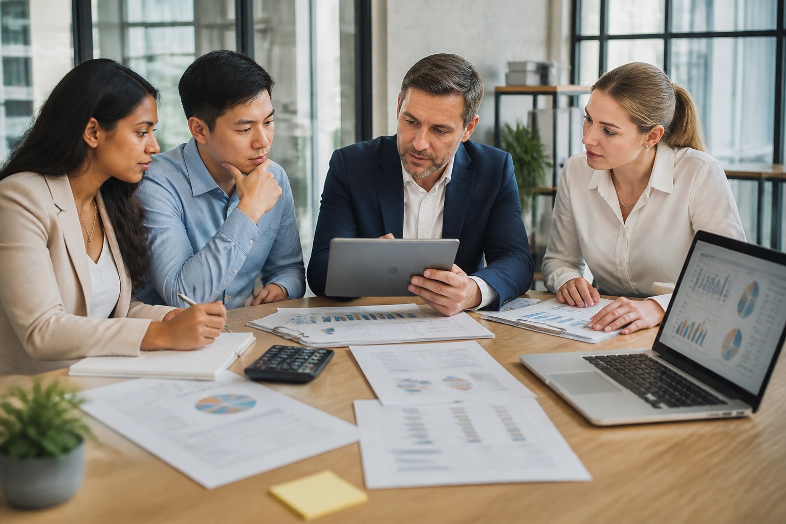 E-commerce professionals review financial documents and business analytics around an office desk.