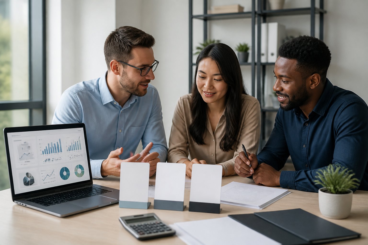 Business professionals review e-commerce performance and pricing information at an office desk.
