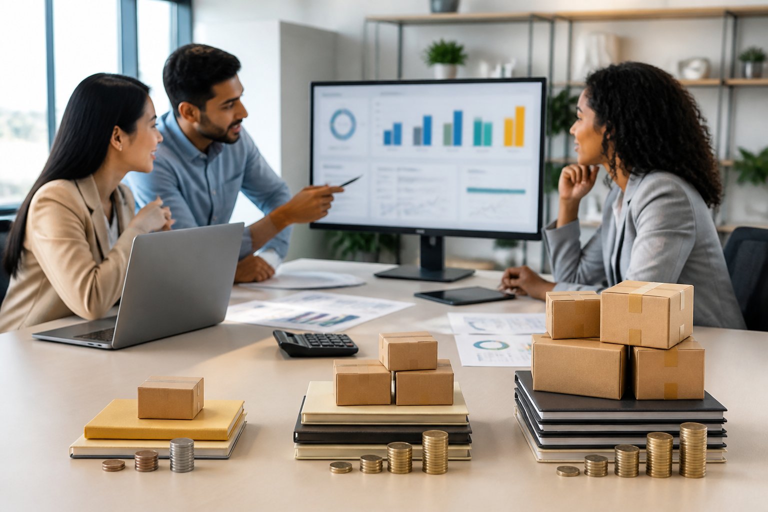 A diverse business team reviews e-commerce analytics beside tiered stacks of folders and packages in a modern office.