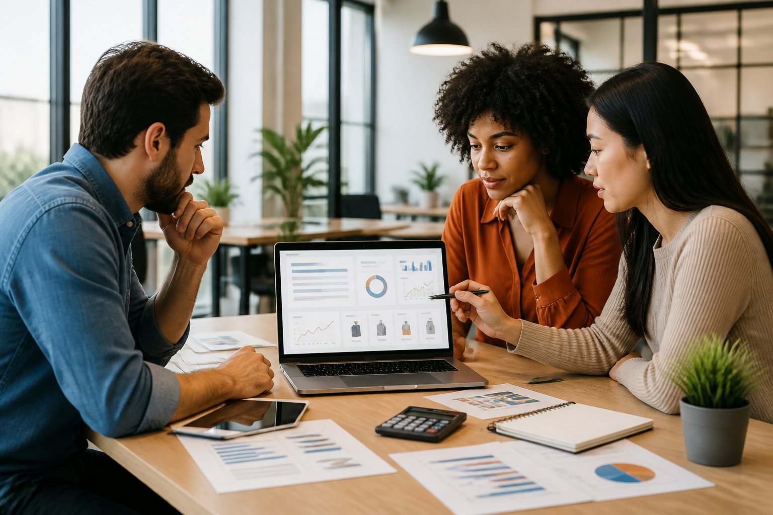 A marketing team reviews advertising analytics and budget planning around a laptop in a modern office.