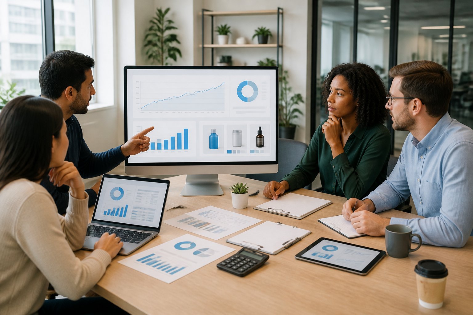 A digital advertising team reviews campaign performance data together in a modern office.