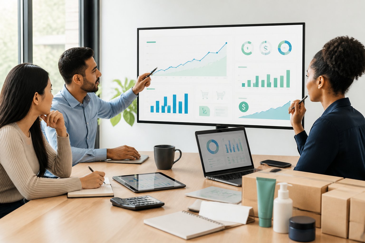 Marketing professionals review advertising performance charts and business metrics at a modern workspace.