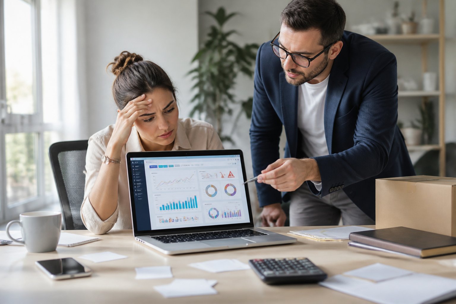 An overwhelmed e-commerce manager reviews advertising analytics on a laptop while a consultant offers guidance in a modern office.