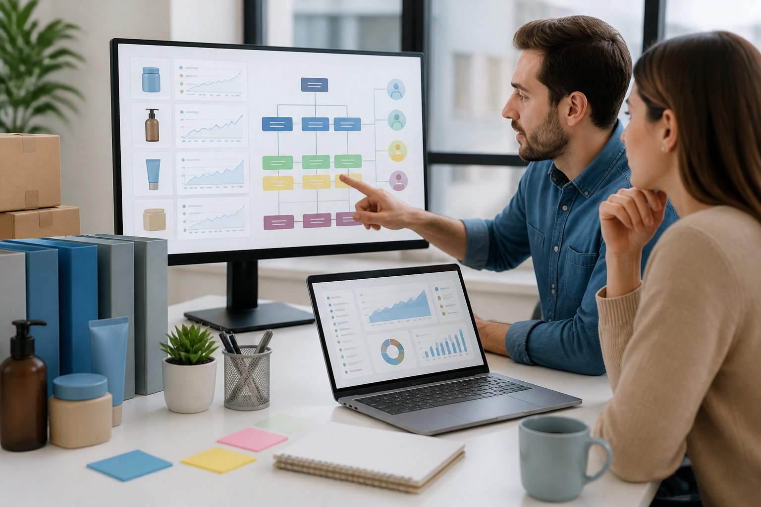 An e-commerce manager and PPC consultant review organized advertising campaign data on laptop and monitor screens in a modern office.