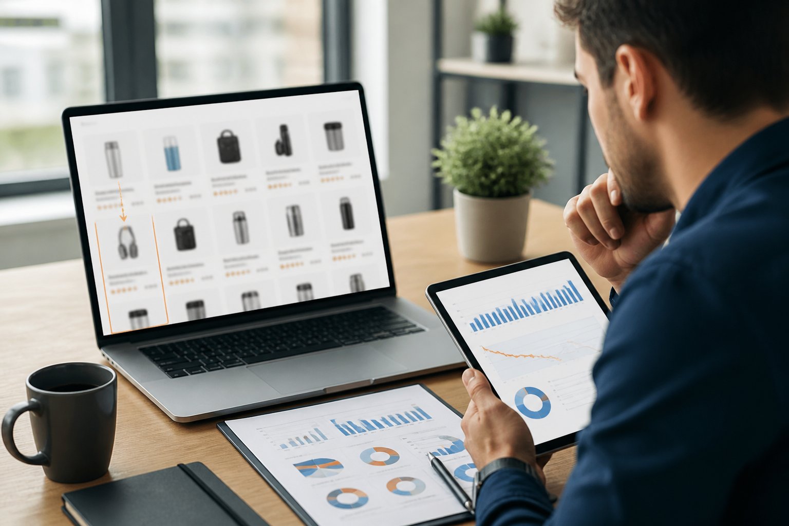 Marketing professional reviews a crowded online product marketplace where one listing is difficult to see among many competitors.