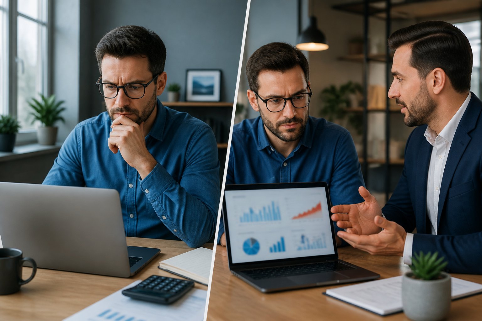 A marketing professional reviews advertising analytics at a desk while a consultant offers guidance.
