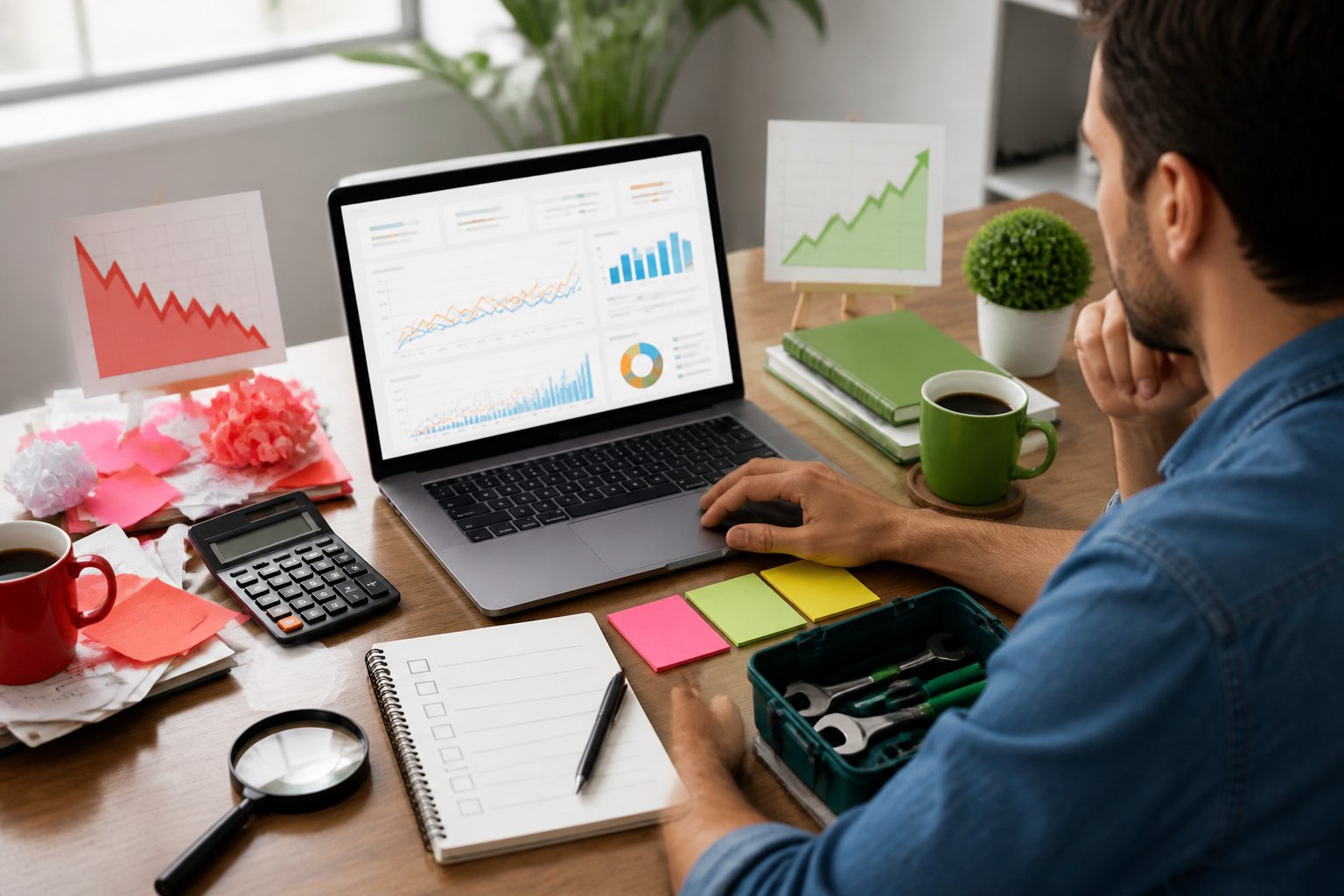 A small-business owner reviews advertising performance data at a desk while organizing tools and notes for campaign improvements.