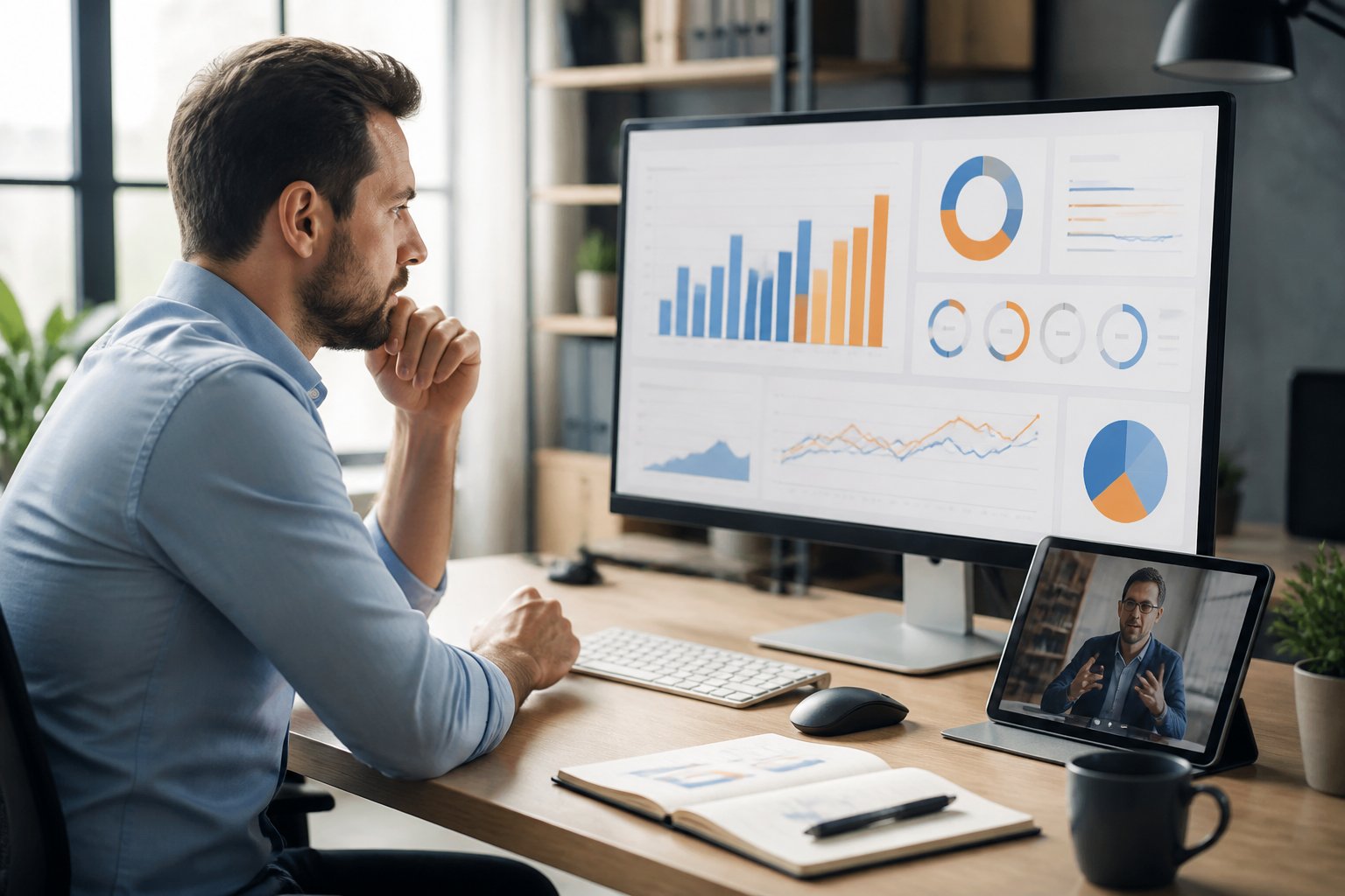 An e-commerce manager reviews advertising performance charts at a desk while considering whether to optimize campaigns independently or seek expert advice.