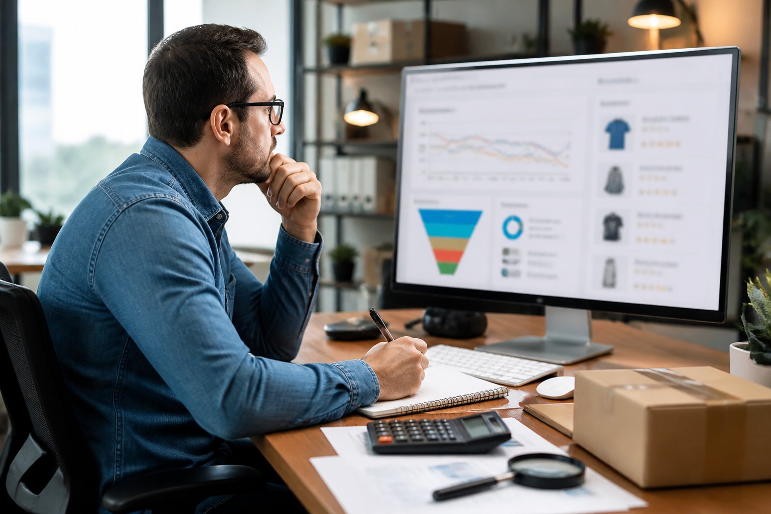 An e-commerce manager reviews declining product performance data at a workstation while examining a sample product.
