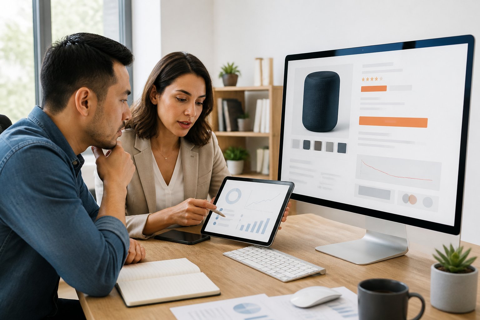 An online seller reviews a product listing with an e-commerce consultant in a modern office.