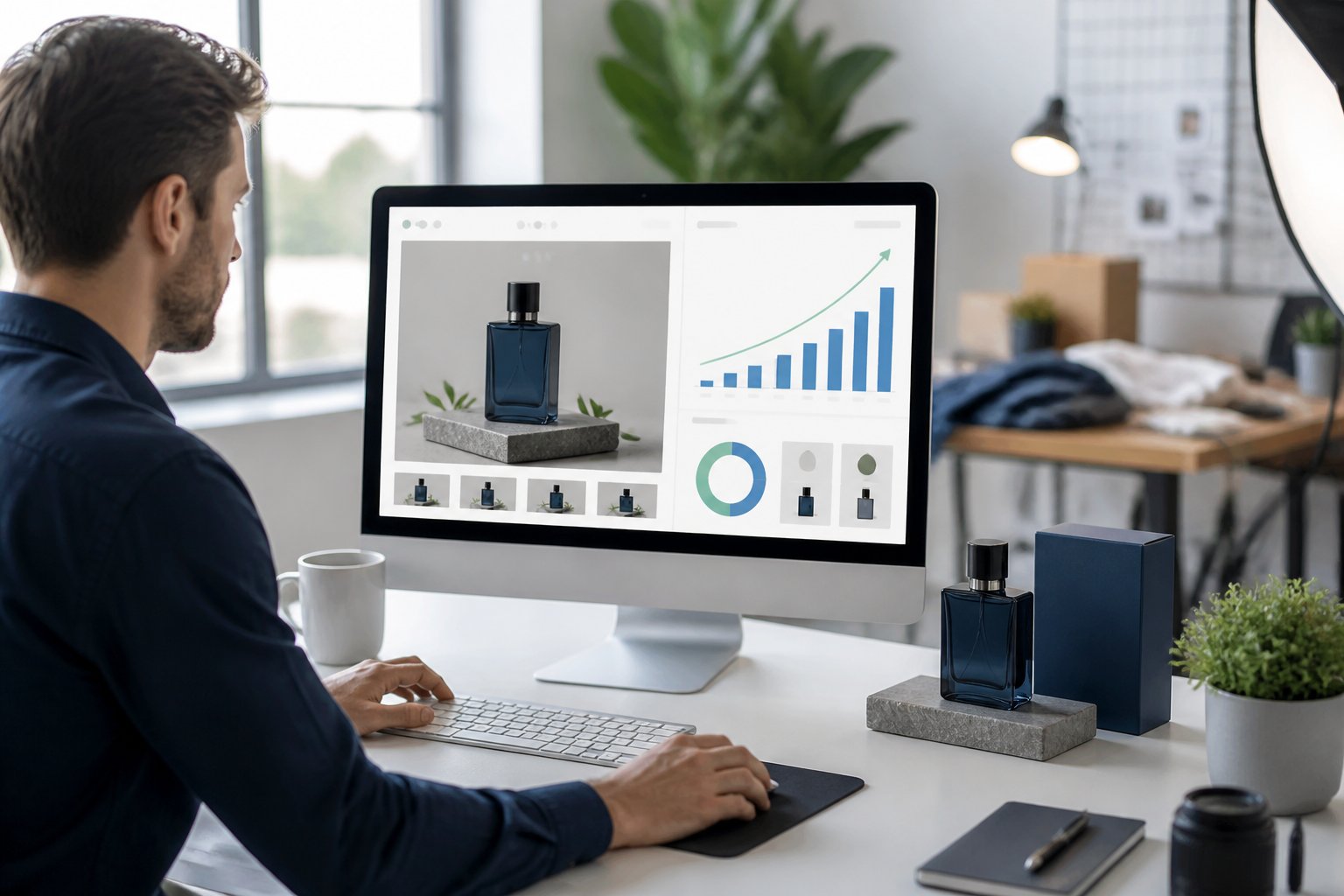 A product strategist reviews an improved online product listing beside professionally arranged merchandise, with an abstract upward analytics trend on the monitor.