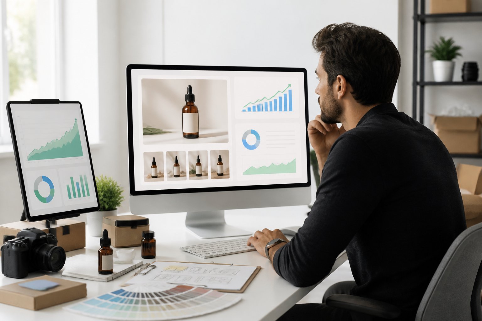 A business owner reviews improved product performance analytics beside product listing materials at a desk.