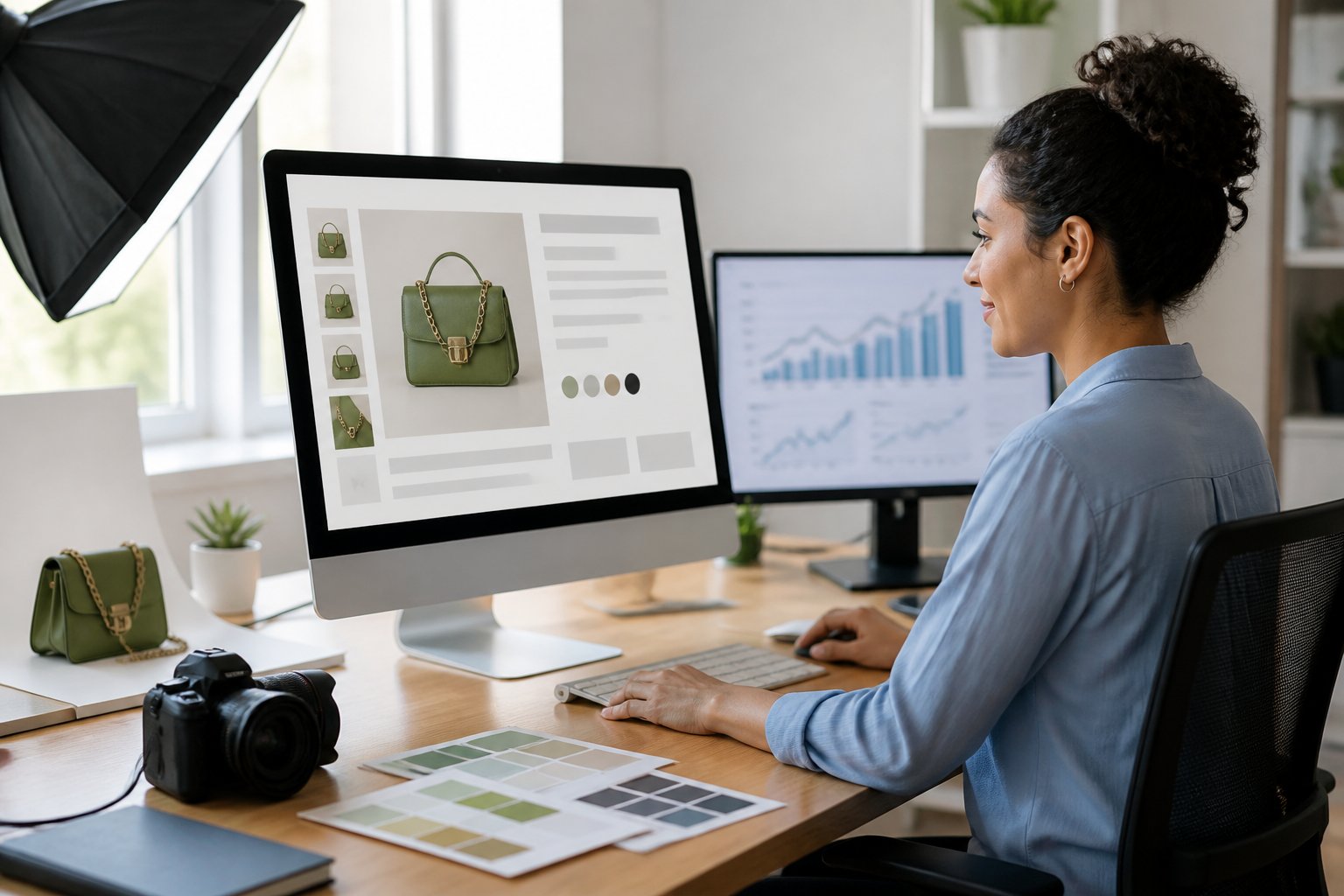 A marketing professional reviews an improved online product listing beside a product photography setup and abstract growth charts.