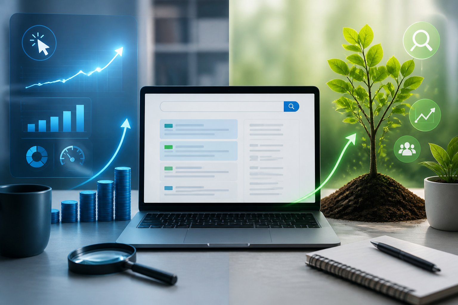 A digital marketing workspace contrasting paid advertising analytics with organic search growth.