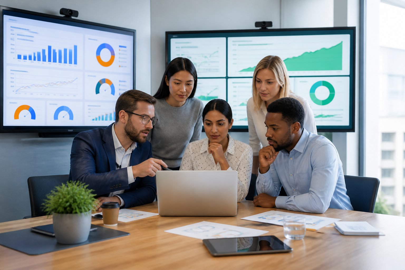 Marketing professionals compare paid advertising and organic search performance using analytics dashboards.