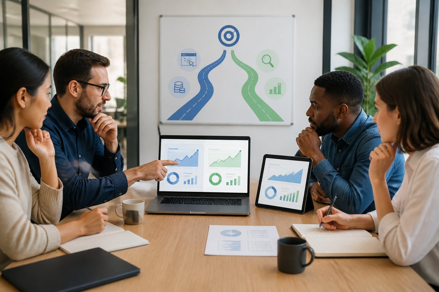 Marketing professionals compare paid advertising and organic search strategies around a business analytics workspace.