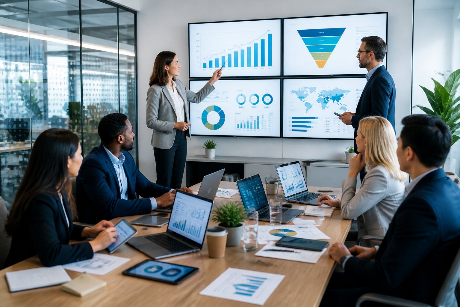 A diverse digital marketing team reviews advertising campaign analytics together in a modern office.