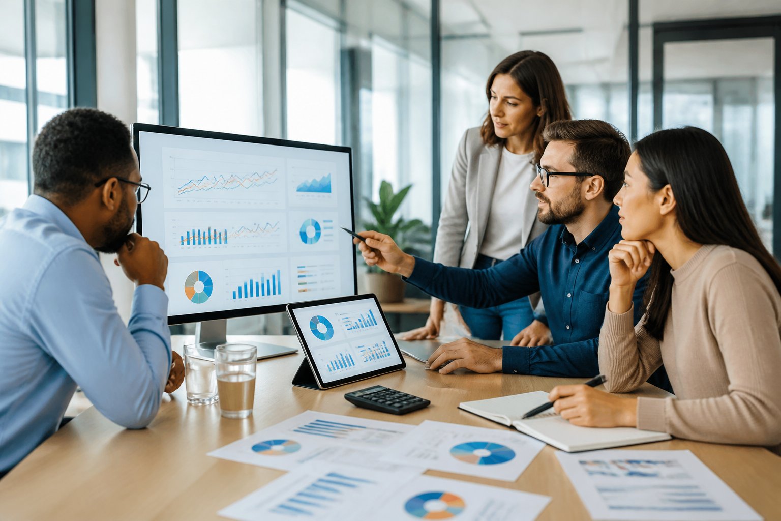 Marketing professionals review performance charts and pricing comparisons during a strategy meeting.