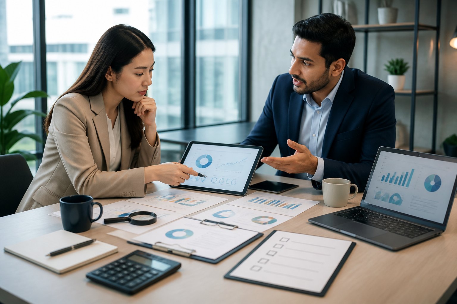 Business professionals review advertising proposals and contract documents during a meeting.