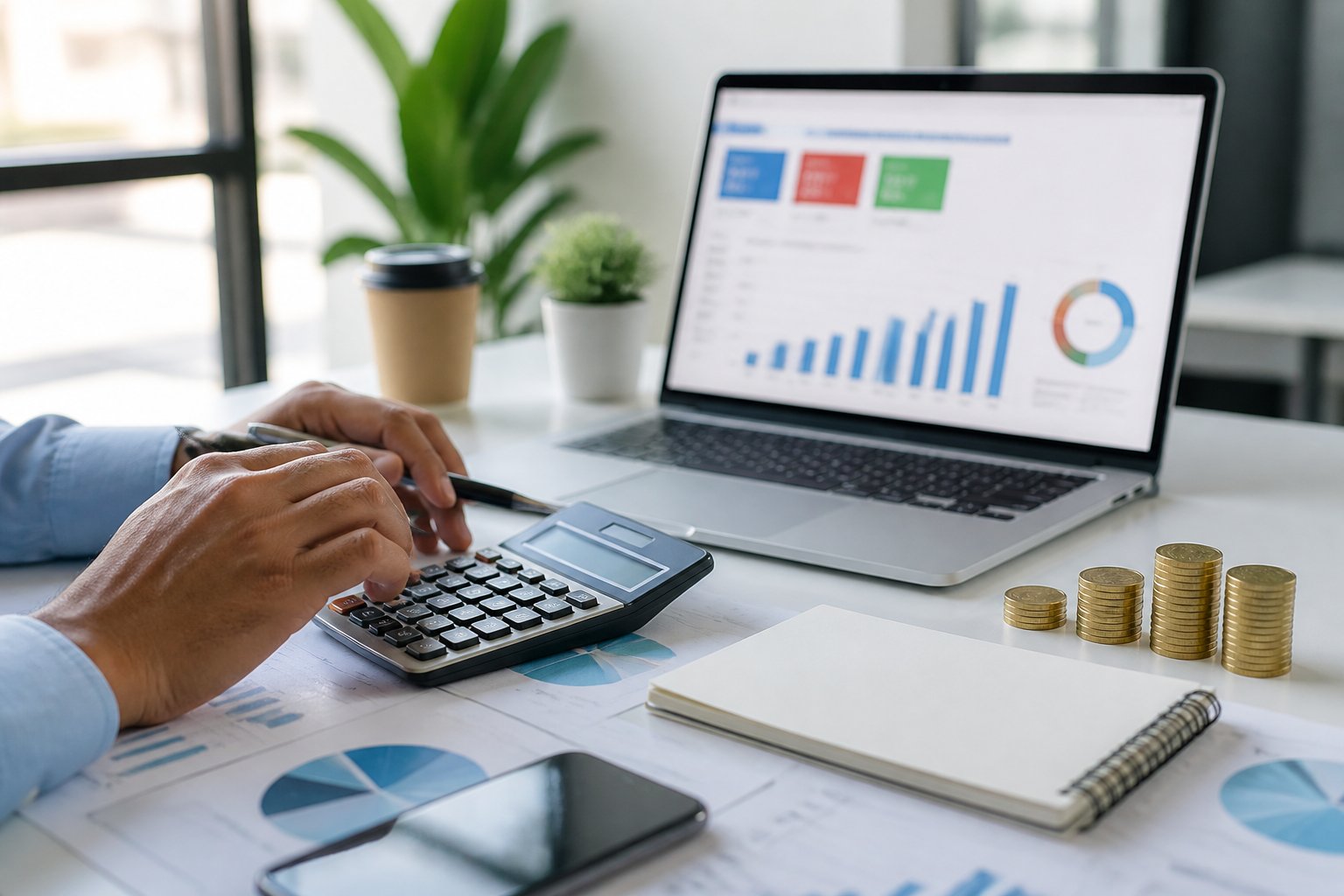 A marketer calculates an online advertising budget beside a laptop showing abstract campaign charts.