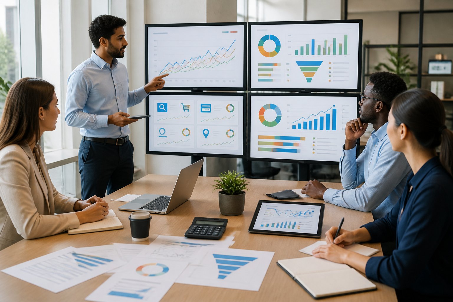 Digital marketing professionals review campaign performance and advertising budgets on computer monitors.