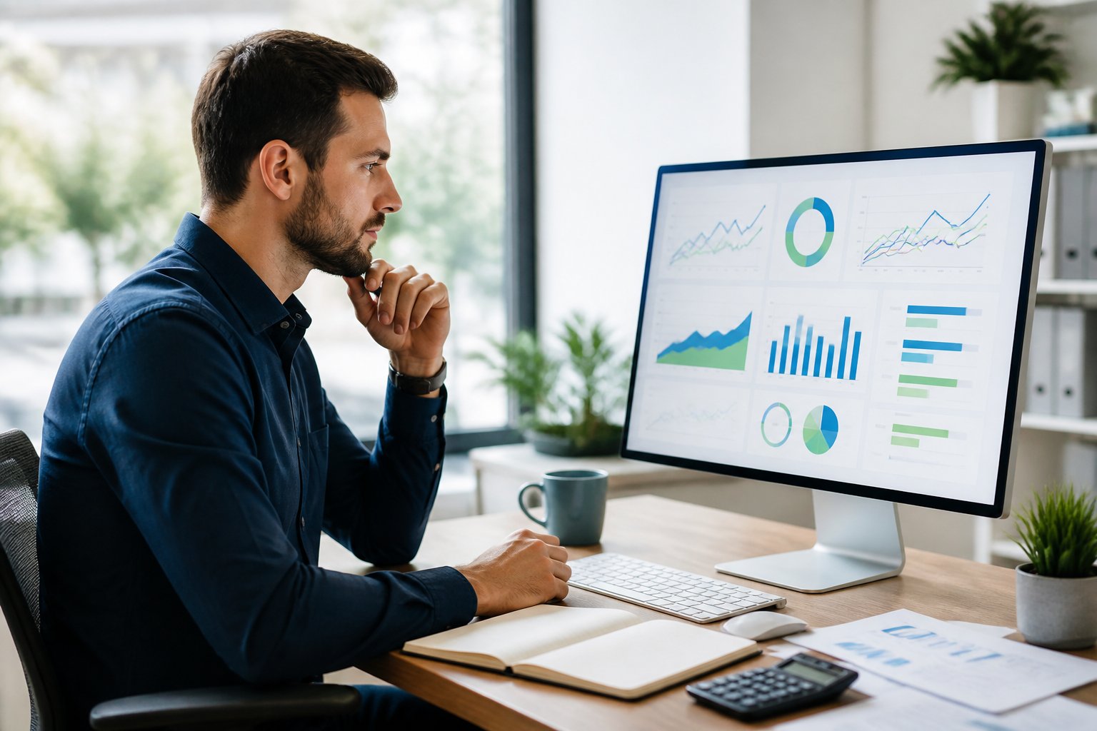 A marketing professional reviews advertising budget charts on a computer in a modern office.