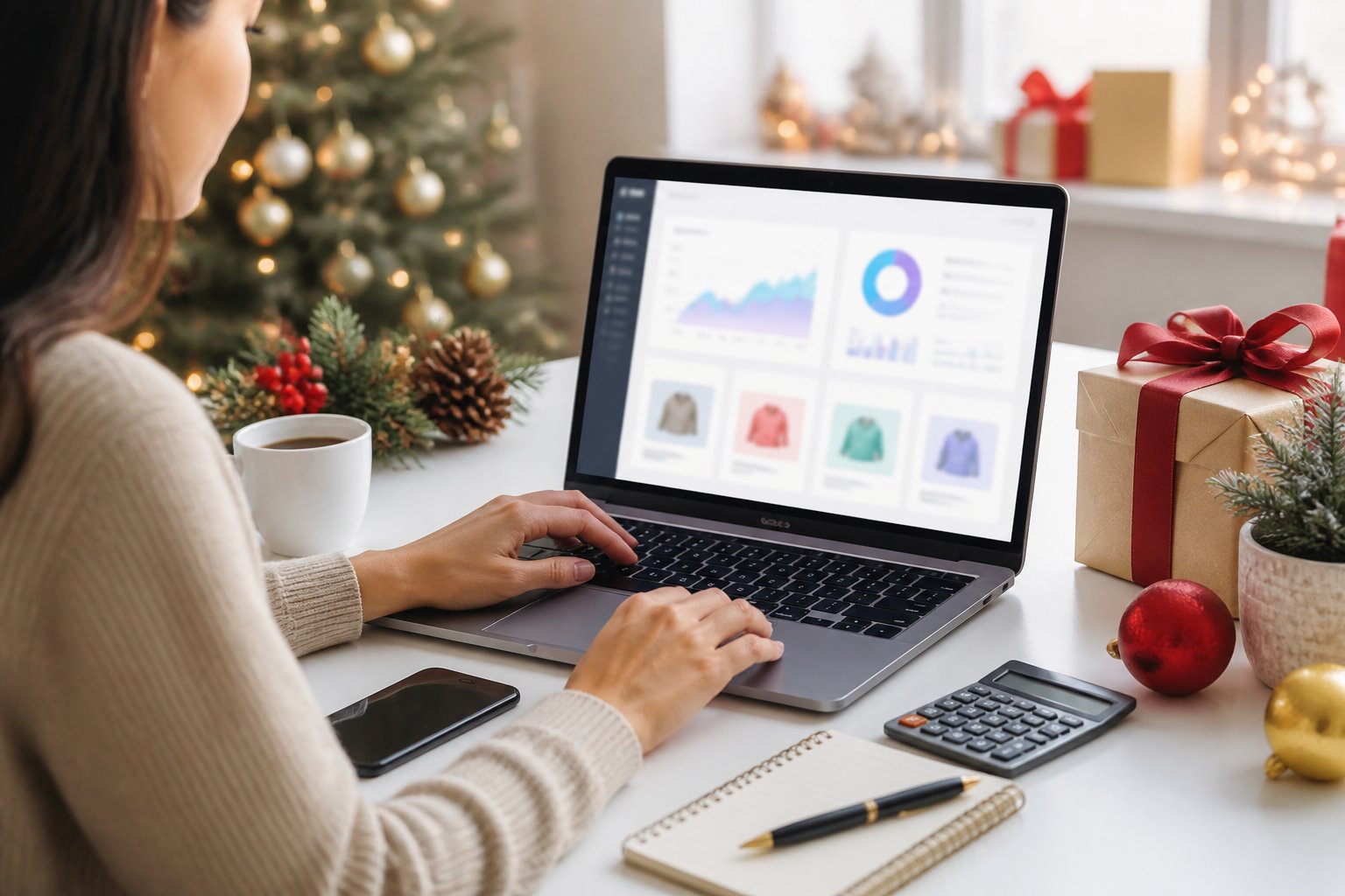 A marketing professional reviews an online holiday advertising campaign at a desk decorated with festive lights, greenery, ornaments, and gifts.