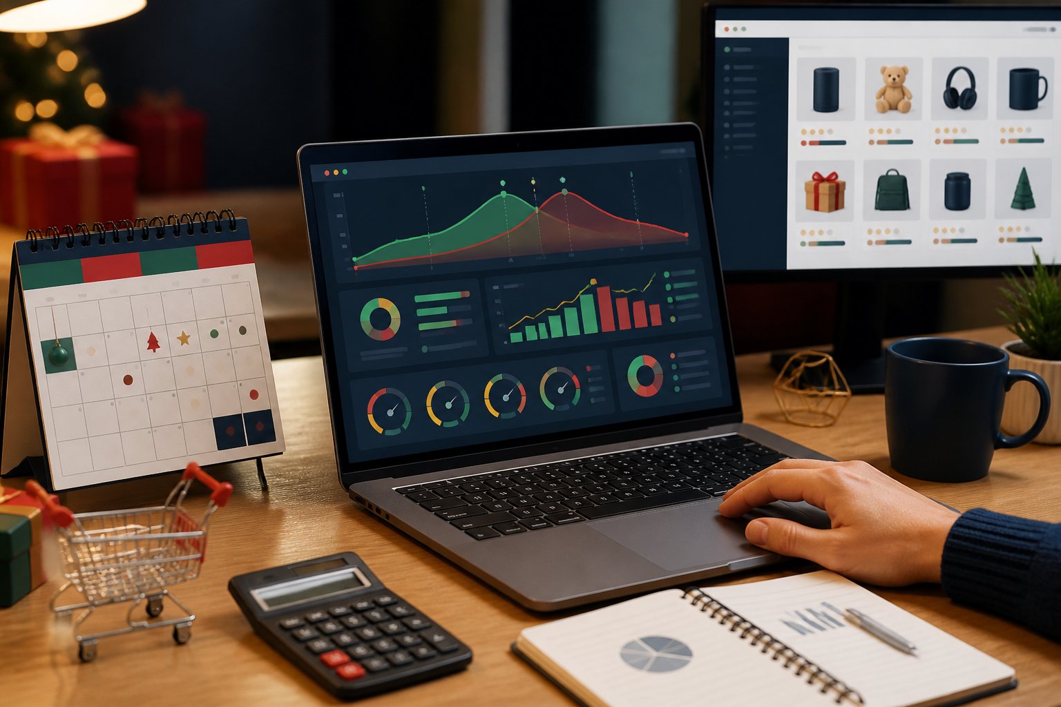 A marketing workspace with analytics charts, a seasonal demand curve, and holiday planning tools beside a laptop.
